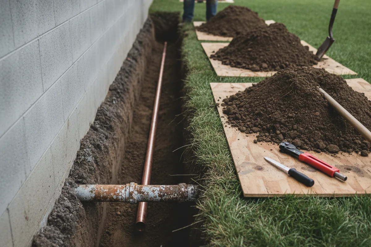 Excavated water line trench during Water Softener Installation in Inwood